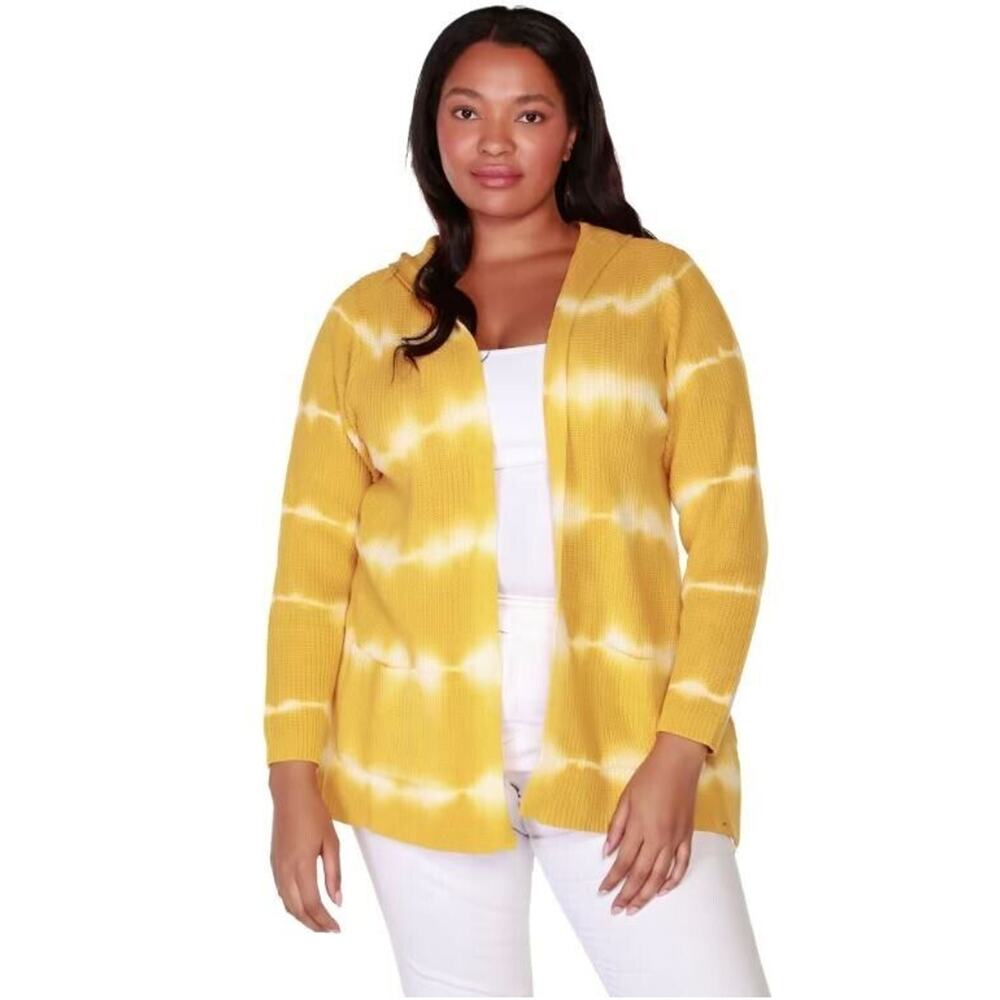 Belldini Women's Kamila Tie Dye‎ Hooded Knit Cardigan in Honey Gold/White Medium